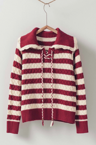 Lace-Up Cable Knit Striped Sweater