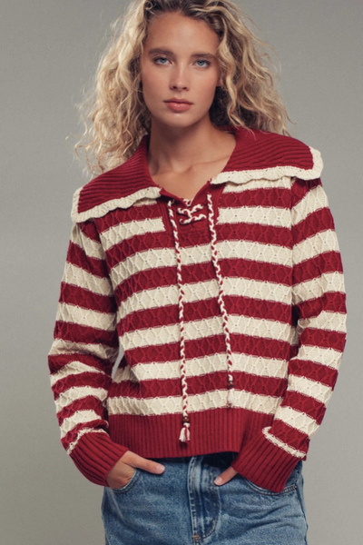Lace-Up Cable Knit Striped Sweater