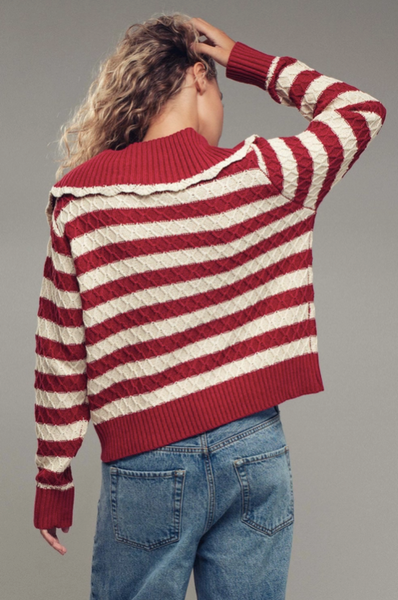 Lace-Up Cable Knit Striped Sweater